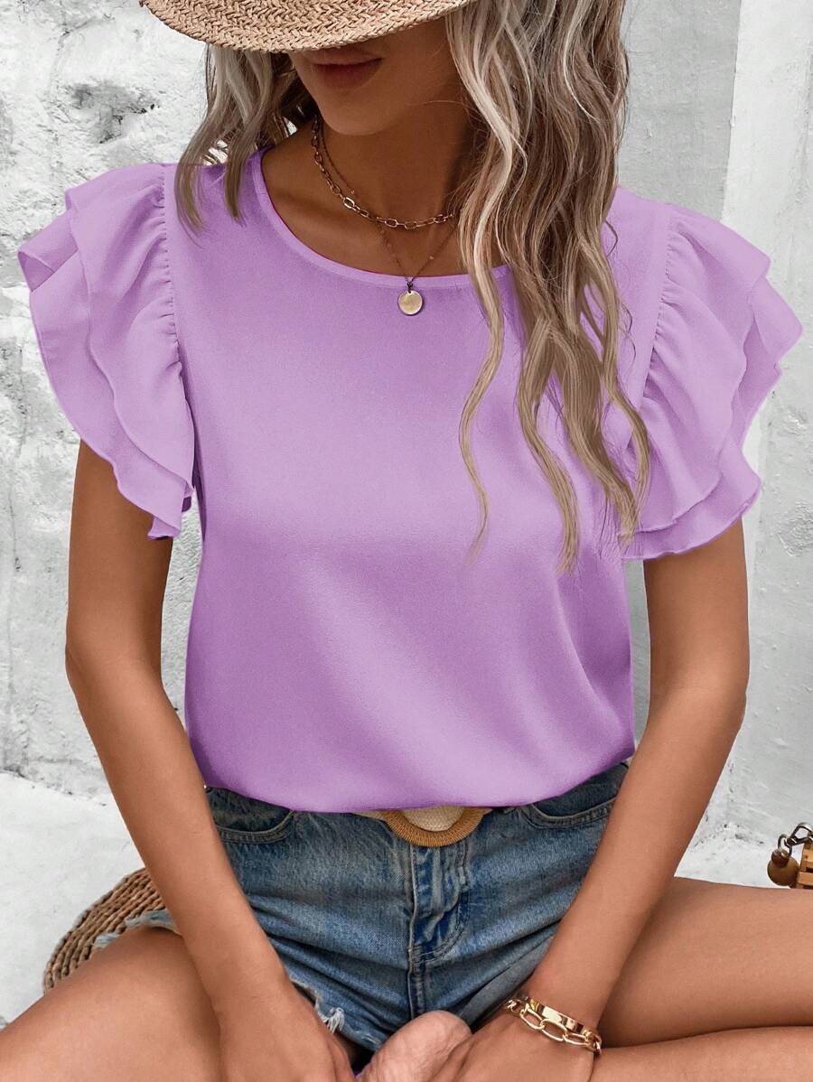 SHEIN Clasi Camisa de manga corta de unicolor para vacaciones de talla grande - Púrpura malva - Ver 1