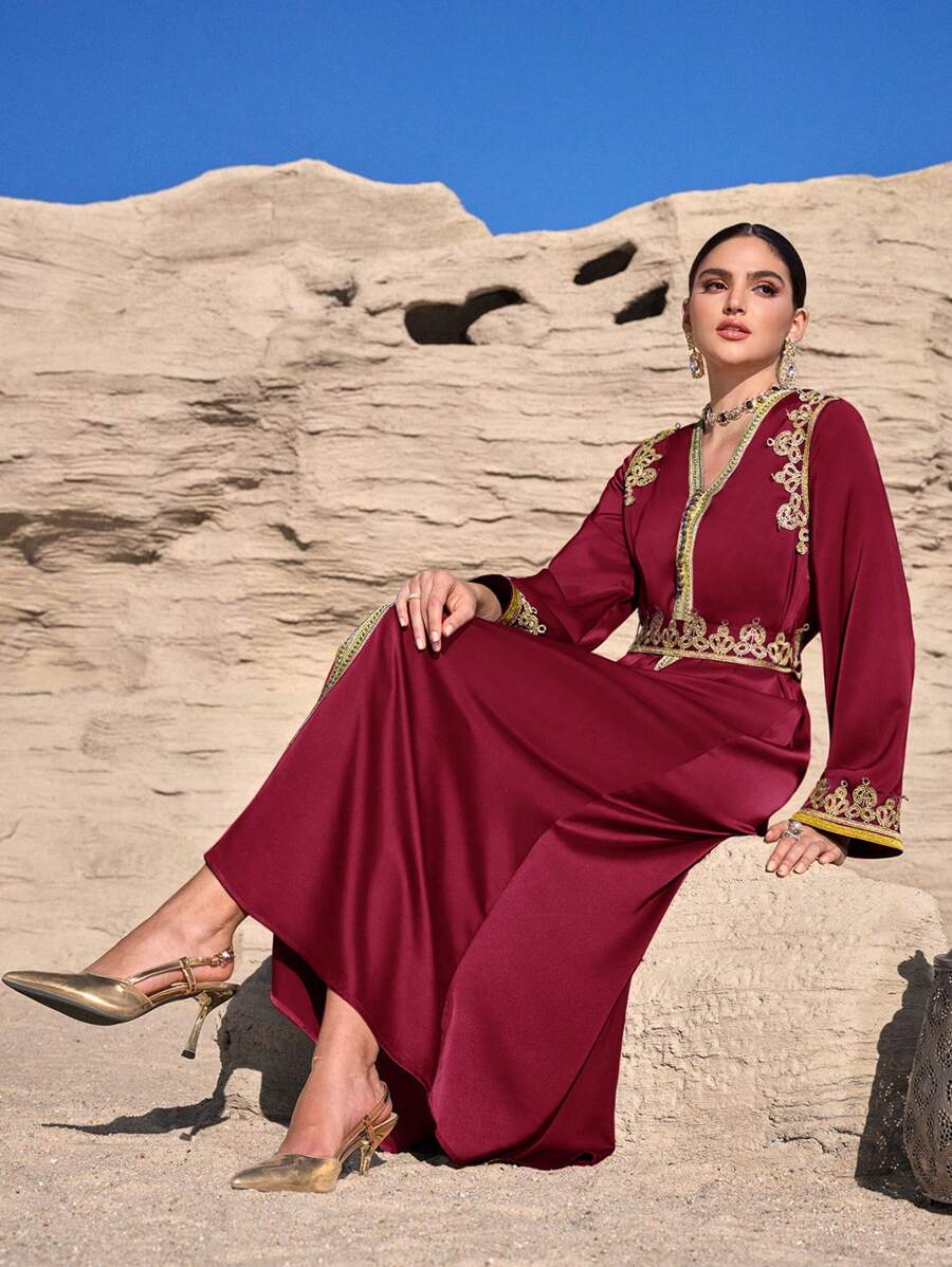Al Najma Women's Elegant Woven Ribbon Decor Arabic Style Dress - Burgundy - View 1