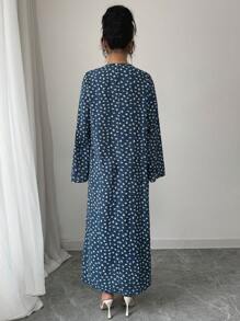 Al Najma 女士碎花对比蕾丝长袖阿拉伯传统连衣裙，端庄的长袍 - 藍色 - 查看 2
