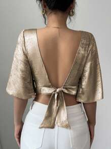 Selianne 女士春夏休闲度假缎面挂脖荷叶边袖衬衫 - 金色 - 查看 2