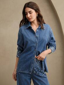 Anewsta Embellished Casual & Versatile Women's Denim Shirt - Blue - View 6