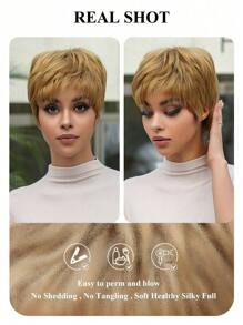 Short Pixie Cut Wig Human Hair Cheap Put On & Go Gluelesss Human Hair Wigs For Women Beginner Friendly Daily Use Machine Made Natural Blonde Color Halloween Costumes - S27A - View 6