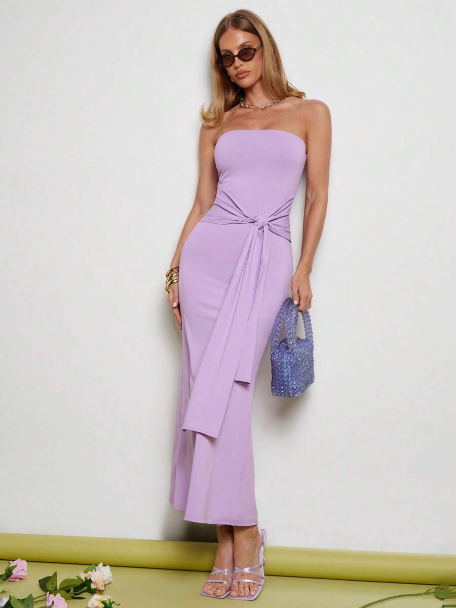 COSMINA Women's Elegant Purple String Decor Mid-Length Dress, Suitable For Dates, Spring/Summer,Lavender Dress