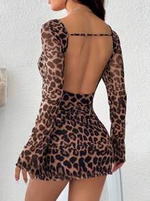 SHEIN EZwear Vestido Body con manga larga, cuello en forma de corazón y espalda descubierta con estampado de leopardo, talla grande, para primavera/verano - Marrón - Ver 5