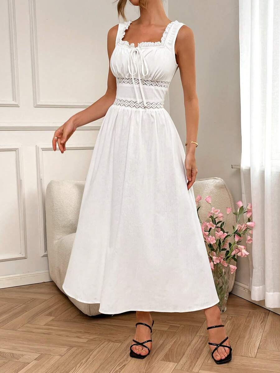 SHEIN VCAY Vestido blanco de verano de unicolor con estilo bohemio, vestido sin mangas con encaje en contraste y volantes, vestido de silueta francesa midi para vacaciones de primavera/verano, vestido de playa blanco para vacaciones, vestido de fiesta de verano para salir de vacaciones - Blanco - Ver 1