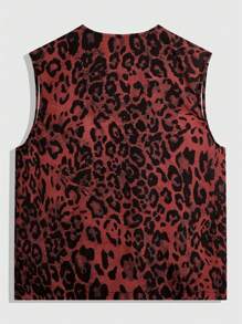 ROMWE MEN Street Life Men's Leopard Print V-Neck Multi-Pocket Zipper Closure Vest - Red - View 2