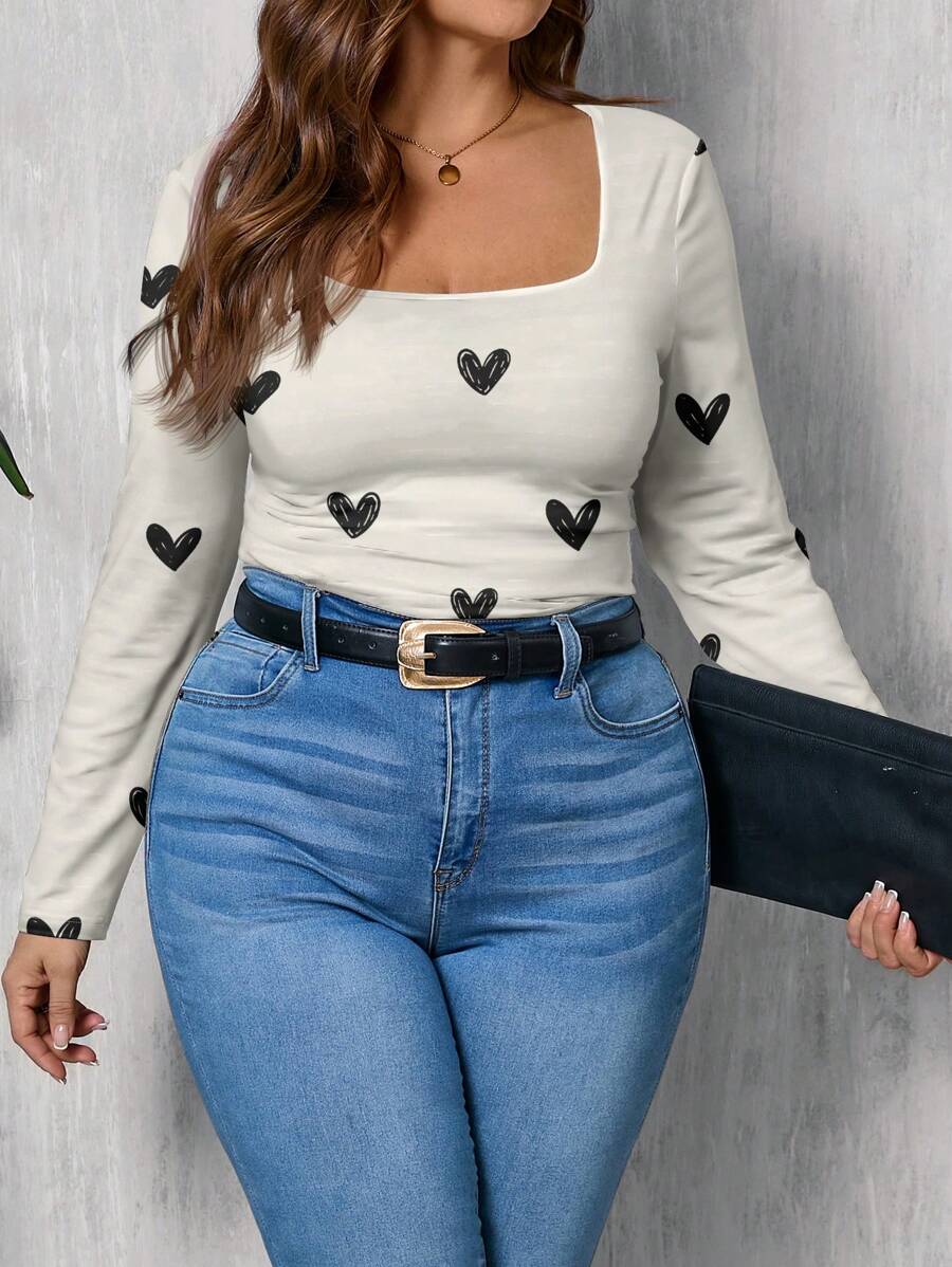EMERY ROSE Camiseta casual minimalista com estampa de coração e gola quadrada, tamanho grande, adequada para primavera e outono - Multicolorido - Ver 1