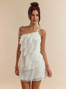 SHEIN BAE 夏季海滩度假纯色杏色分层荷叶蛋糕迷你连衣裙，适合日常约会、夜间外出、夜店、派对、聚会、鸡尾酒会、泳池派对、开学季服装、学校季服装、节日服装、音乐节服装、乡村音乐节服装、演唱会服装 - 米色 - 查看 6