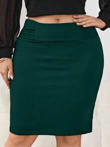 SHEIN Tall CURVE Plus Size Solid Color Pleated High Waist Bodycon Green Skirt - Dark Green - View 3