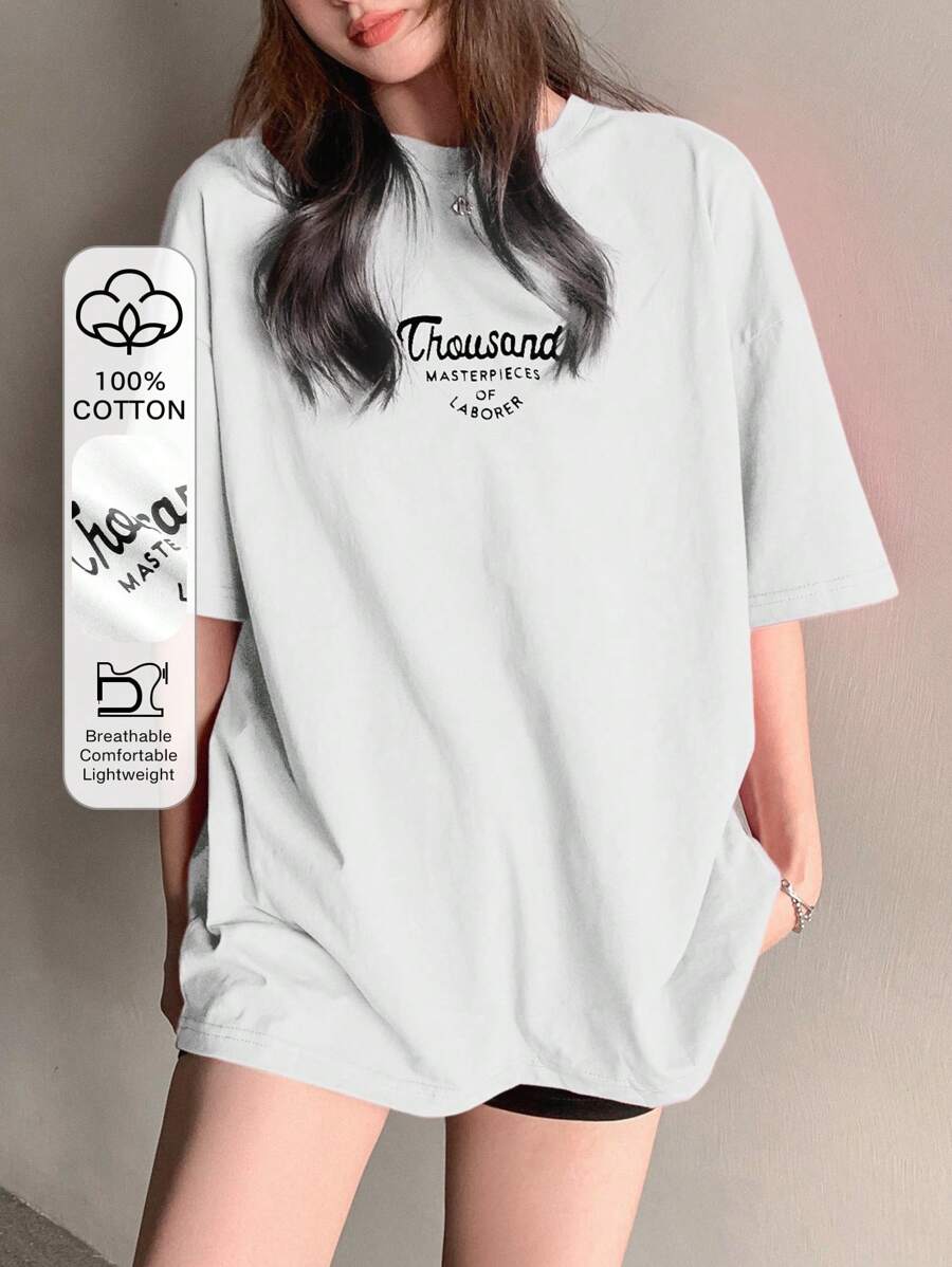 DAZY Ladies' Letter Print Drop Shoulder T-Shirt Summer Oversized T-Shirt - White - View 1
