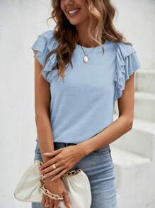 女士纯色圆领荷叶边短袖休闲宽松 T 恤 - 淺藍色 - 查看 4