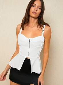 Poéselle Chic White Peplum Top With Front Zipper - Perfect For Making A Fashion Statement This Season,Stylish Corset Tops, Evening Wear,Summer Women - White - View 1