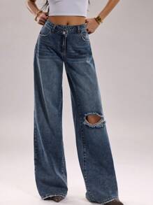 SHEIN BAE Jeans larghi con strappi e tasche, casual e versatili, per l'estate da donna. Jeans da donna per abbigliamento western, vacanze estive, jeans ampi da donna, adatti per concerti.