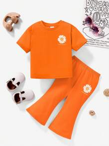 SHEIN LMoss Kids 女婴休闲简约短袖服装，适合春夏季 - 橘色 - 查看 6