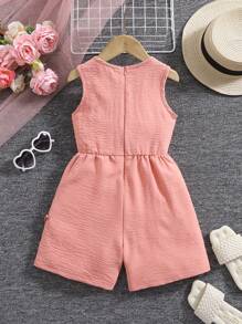 Young Girls' Sleeveless Solid Color Round Neck Simple Fashion Jumpsuit, Suitable For Summer - Pink - View 2