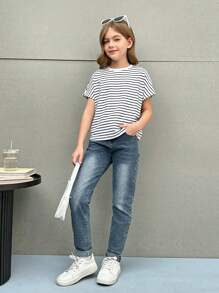SHEIN Tween Girl Casual Striped Round Neck Blouse - Blue and White - View 5