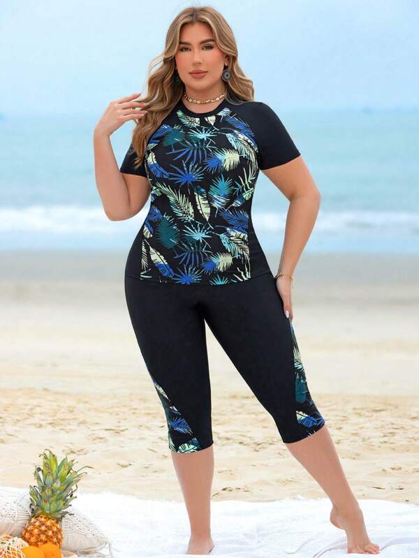 Swim Lushoire Plus Size 2pcs Women Leaf Print Patchwork Top And Long Swim Shorts, Black Splicing Round Neck Sleeveless Bikini Set, Beach Vacation