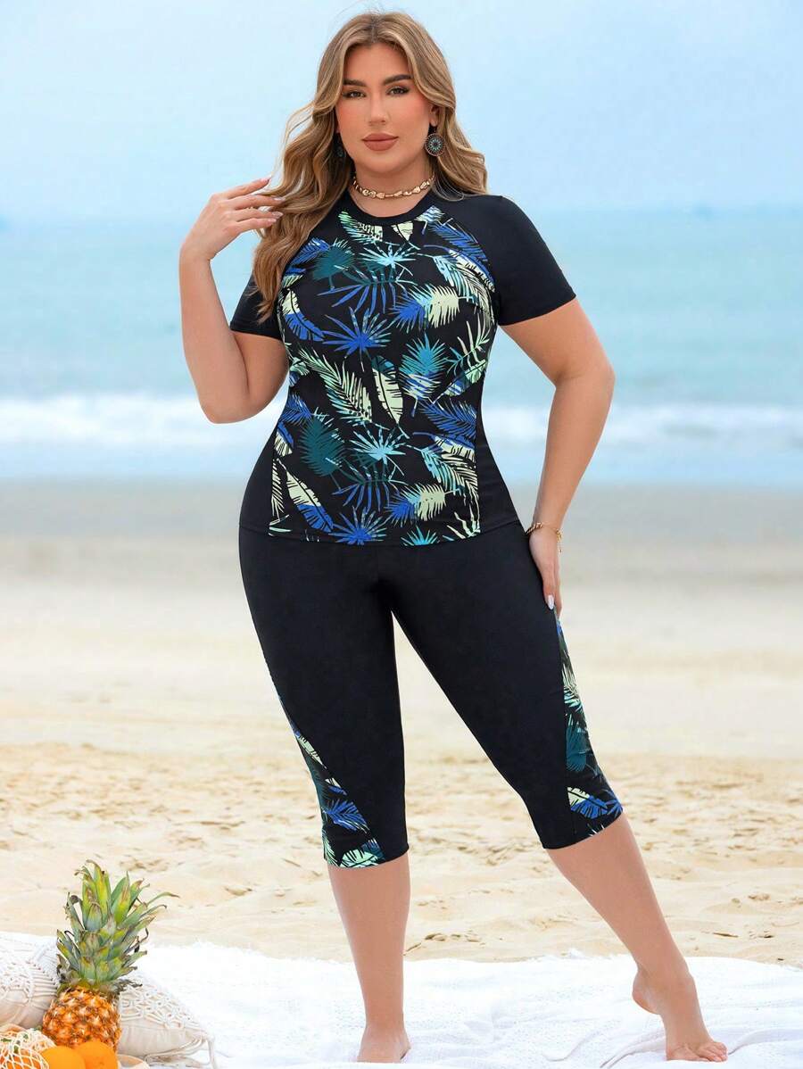 Swim Lushoire 加大码 2 件女式树叶印花拼接上衣和长款泳裤，黑色拼接圆领无袖比基尼套装，海滩度假