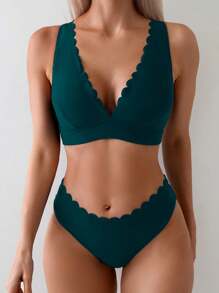 Women's Solid Color Arched Edge Sexy Bikini Swimwear Set, Summer Beach - Teal Blue - View 3