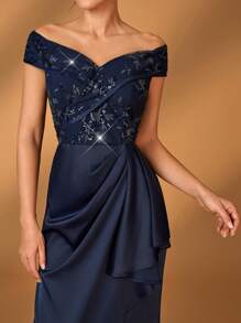 Serin Navy Blue Winter Elegant Formal Evening Wedding Dress,Luxurious Off Shoulder Sequin Floral Lace Satin Ruched Ruffled Mermaid Bride Mother Gown - Navy Blue - View 3