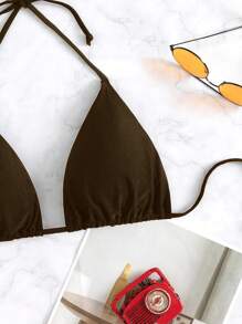 SHEIN Swim 女士夏季海滩纯色吊带前系带性感比基尼上衣 - 棕色 - 查看 5