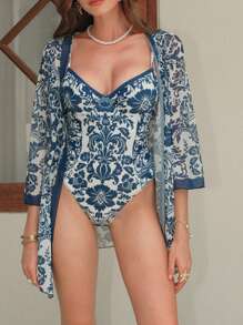 Swim Chiccia Beach Summer One-Piece Swimsuit With Floral Retro Print, Blue Gathered Design, Elegant And Classy Women Swimwear For Holiday - Blue - View 3