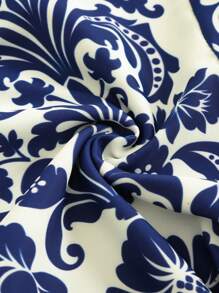 Swim Chiccia Beach Summer One-Piece Swimsuit With Floral Retro Print, Blue Gathered Design, Elegant And Classy Women Swimwear For Holiday - Blue - View 7