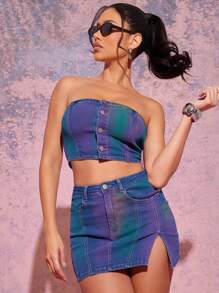 Denimoi ملابس علوية كشكش مصبوغة بتدرج لون الجينز بطراز شيك للشارع