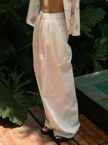 Livesso Women Fashionable Solid Loose Elastic Waist Wide Leg Long Pants