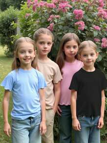 SHEIN Young Girl Casual Simple Solid Short Sleeve T-Shirt, Cute Top