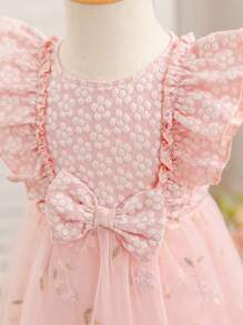 Glamorique Kids Vestido túnica para bebé niña con recortes con volantes, parches de jacquard y malla, para primavera/verano - Rosa coral - Ver 3