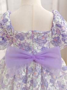 SHEIN Glamorique Kids Baby Girl Purple Flower Bowknot Puff Sleeve Mesh Princess Dress Girls Princess Dress Baby Girl Princess Dress For Baby Girls Occasion Baby Girl Dresses Toddler Dress For Wedding Baby Elegant Dress Baby Spring Dress Princesa Dress For Baby