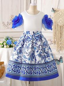Meisjes vintage jurk met bloemenmouwen en ruches set