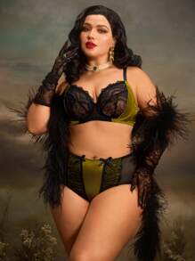 PinupGlam Vintage Palast-Satin-Spitzen-Große Größen-BH & Drahtloser BH