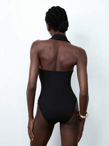 Lumivelle Body de unicolor con cuello halter y espalda descubierta, simple y sexy para mujer