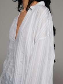 TRNVIE Bluză lejeră de vacanță, din jacquard, cu dungi transparente, cu jumătate de plăcuță, pentru femei