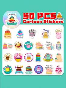 50张4.8cm*5cm卡通生日蛋糕和生日快乐蜡烛涂鸦贴纸，个性化装饰，适用于吉他、笔记本、手提箱、手提电脑、摩托车、滑板、水杯，适合母亲节、生日装饰。 - 彩色 - 查看 5