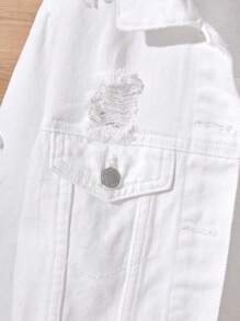 SHEIN 青少年女孩春夏海滩波西米亚风度假白色水洗破洞牛仔裤夹克上衣，女孩夏季音乐会狂欢节街头服饰