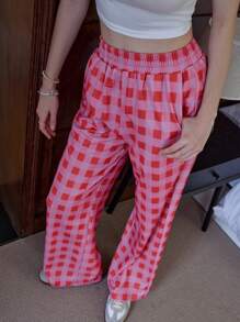 Jouncy Women's Contrast Plaid Pattern Pink Casual Pants Fall Cloth For Women