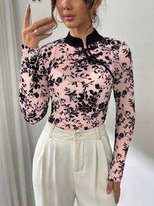 SHEIN Privé Women's Elegant Stand Collar Asymmetrical Button Front Sheer Long Sleeve Blouse - Baby Pink - View 3