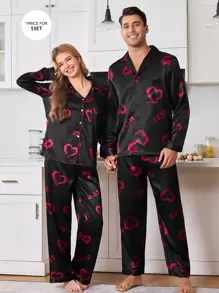 Heart & Lip Printed Open Front Men's Loungewear Set - Multicolor - View 3