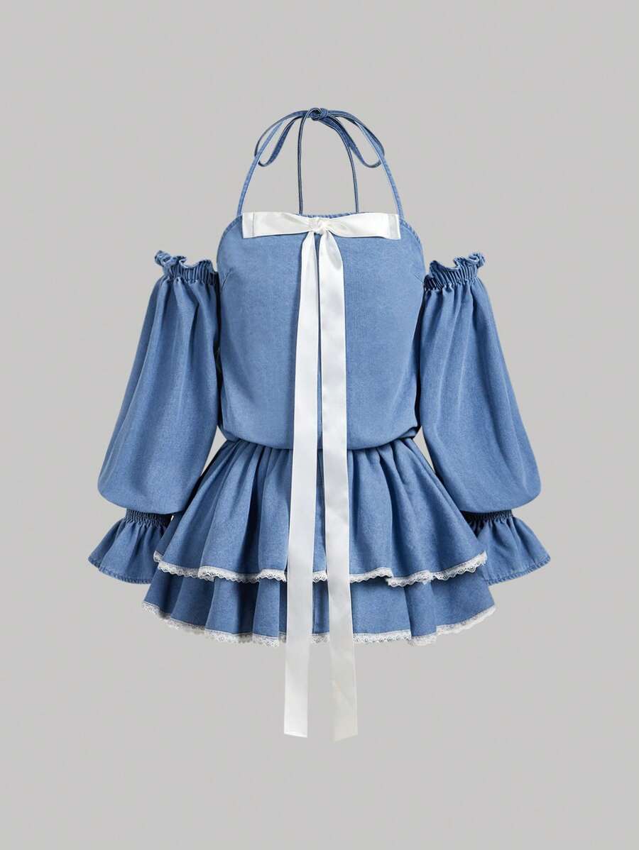 SHEIN MOD Women's Backless Bow Decor Denim Slip Dress