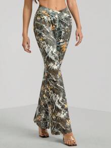 SHEIN Tall Women's Asymmetric Waist Branch Print Flare Leg Pants - Multicolor - View 4