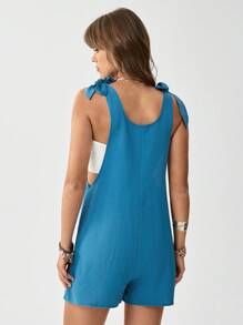 SHEIN LUNE Women's Summer U-Neck Square Collar Tie Shoulder Strap Double Pocket Casual Vacation Jumpsuit - Teal Blue - View 4
