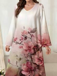 Al Najma Women's Elegant Floral Print Arabic Style Long Dress,Modest
