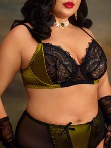 PinupGlam Vintage Palast-Satin-Spitzen-Große Größen-BH & Drahtloser BH