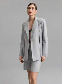 Ontre 2pcs Women Striped Blazer & Shorts Suit Set, Casual Office Wear, Gray Suit, Spring/Summer, - Light Grey - View 4
