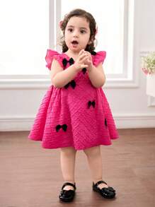 SHEIN Vestido de manga corta con lazo rosado decorativo para niñas bebé en verano - Rosa Fucsia - Ver 4