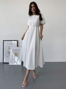 Firerie Đầm nữ thanh lịch, tối giản, màu trắng, tay ngắn, cổ tròn, dáng chữ A, tay phồng, cài cúc phía trước, dài đến đầu gối, thích hợp cho kỳ nghỉ, đi biển và trang phục mùa hè. - trắng - Xem 3