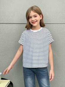 SHEIN Tween Girl Casual Striped Round Neck Blouse - Blue and White - View 4